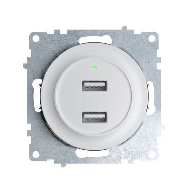 Double USB charger socket, flush mount, with 2 Ports - 5V, 2.1 A, with LED Indicator, without frame, white