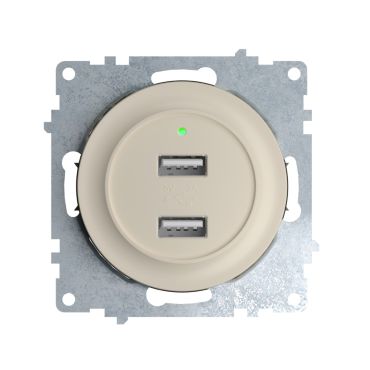 Double USB charger socket, flush mount, with 2 Ports - 5V, 2.1 A, with LED Indicator, without frame, beige