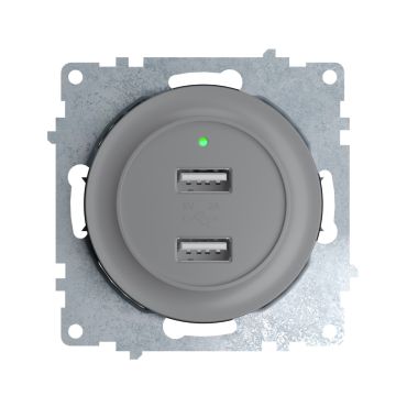 Double USB charger socket, flush mount, with 2 Ports - 5V, 2.1 A, with LED Indicator, without frame, grey