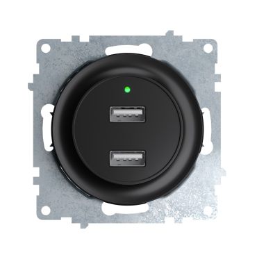 Double USB charger socket, flush mount, with 2 Ports - 5V, 2.1 A, with LED Indicator, without frame, black