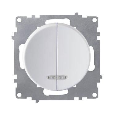 Double light switch with indicator light, dual, 1-way, flush-mount, without frame, white