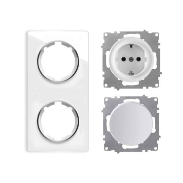 Schuko socket outlet and light switch with 2-gang glass frame, flush-mounted, vertical - white