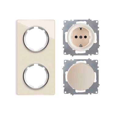 Schuko socket outlet and light switch with 2-gang glass frame, flush-mounted, vertical - beige