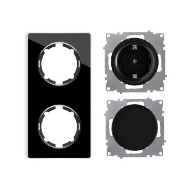 Schuko socket outlet and light switch with 2-gang glass frame, flush-mounted, vertical - black