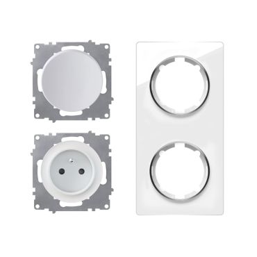 Ensemble prise type E avec terre 16A, interrupteur, plaque Garda en verre, vertical