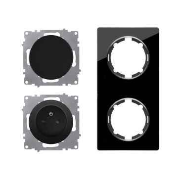 Ensemble prise type E avec terre 16A, interrupteur, plaque Garda en verre, vertical - "Noir"