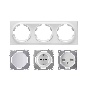 Schuko socket outlet, light switch, 2-gang data connection socket with 3-gang frame, horizontal