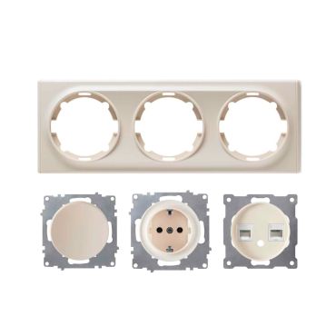 Schuko socket outlet, light switch, 2-gang data connection socket with 3-gang frame, horizontal - beige