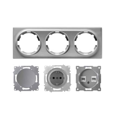 Schuko socket outlet, light switch, 2-gang data connection socket with 3-gang frame, horizontal - grey