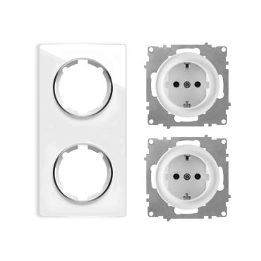 2х Schuko socket outlet with 2-gang glass frame, flush-mounted, vertical