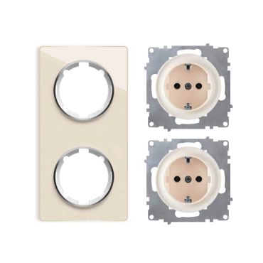 2х Schuko socket outlet with 2-gang glass frame, flush-mounted, vertical - beige