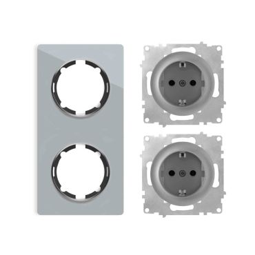 2х Schuko socket outlet with 2-gang glass frame, flush-mounted, vertical - grey