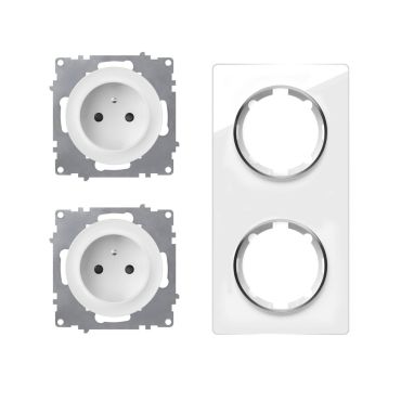 Ensemble double prise type E avec terre 16A, plaque Garda en verre, vertical - "Blanc"