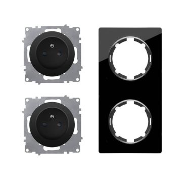 Ensemble double prise type E avec terre 16A, plaque Garda en verre, vertical - "Noir"