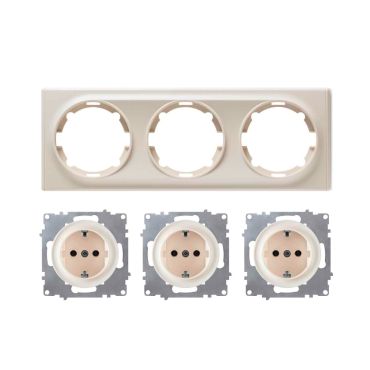 3x Schuko socket outlet with 3-gang frame, flush-mounted, horizontal - beige