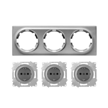 3x Schuko socket outlet with 3-gang frame, flush-mounted, horizontal - grey