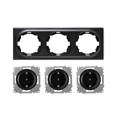 3x Schuko socket outlet with 3-gang frame, flush-mounted, horizontal - black