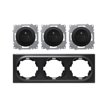 Ensemble triple prise type E avec terre 16A, plaque Florence en plastique, horizontal - "Noir"