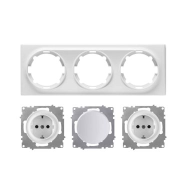 2x Schuko socket outlet and light switch with 3-gang frame, flush-mounted, horizontal