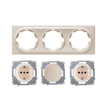 2x Schuko socket outlet and light switch with 3-gang frame, flush-mounted, horizontal - beige