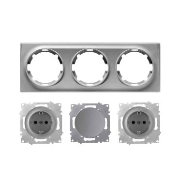 2x Schuko socket outlet and light switch with 3-gang frame, flush-mounted, horizontal - grey