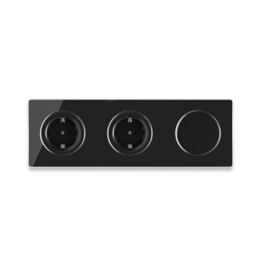 2x Prises de courant avec terre + 1x interrupteur simple allumage avec plaque de finition en verre, 3 postes, horizontale - Noir
