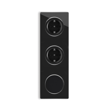 2x Prises de courant avec terre + 1x interrupteur simple allumage avec plaque de finition en verre, 3 postes, verticale - Noir