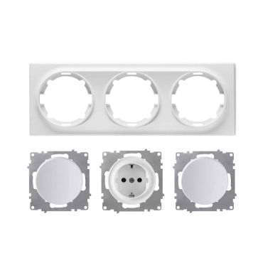 Schuko socket outlet and 2x light switch with 3-gang frame, flush-mounted, horizontal