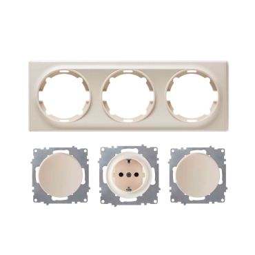 Schuko socket outlet and 2x light switch with 3-gang frame, flush-mounted, horizontal - beige