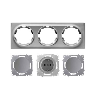 Schuko socket outlet and 2x light switch with 3-gang frame, flush-mounted, horizontal - grey