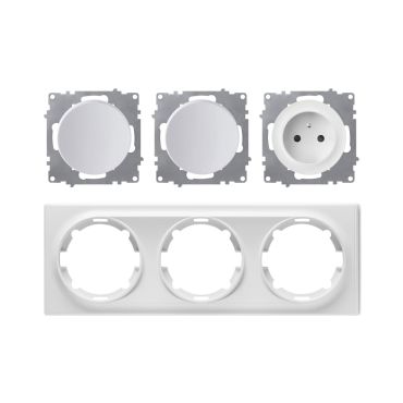 Type E socket + 2 switches, 230V/16A, grounded – complete set with plastic frame (Florence series), horizontal