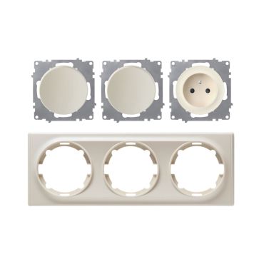 Prise de courant avec terre 16A + 2 interrupteurs – ensemble complet – cadre de finition plastique – série Florence – horizontal – beige