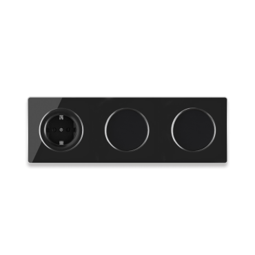 1x Prise de courant avec terre + 2x interrupteurs simple allumage avec plaque de finition en verre, 3 postes, horizontale - Noir