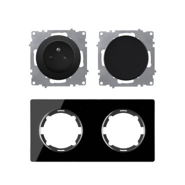Ensemble double prise type E avec terre 16A, plaque Garda en verre, horizontal - "Noir"