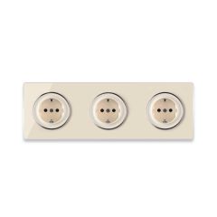 3х Schuko socket with screw terminals and glass cover frame, triple, horizontal - beige
