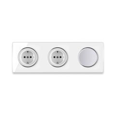 2х Schuko socket + Single light switch + Glass cover frame triple, horizontal - white