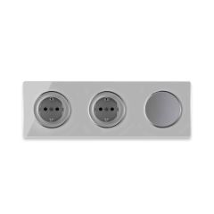 2х Schuko socket + Single light switch + Glass cover frame triple, horizontal - grey