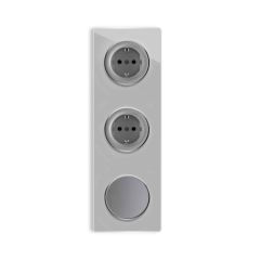 2x Prises de courant avec terre + 1x interrupteur simple allumage avec plaque de finition en verre, 3 postes, verticale - Gris