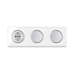 Schuko socket + 2x Single light switch + Glass cover frame triple, horizontal - white