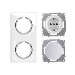 Ensemble prise Schuko type F avec interrupteur simple allumage et plaque Garda verre 2 postes verticale