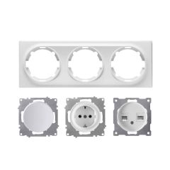 Ensemble prise Schuko type F avec interrupteur simple allumage et prise RJ45 avec plaque Florence 3 postes