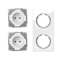 Ensemble double prise type E avec terre 16A, plaque Garda en verre, vertical