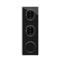 2х Schuko socket + Single light switch + Glass cover frame triple, vertical - black