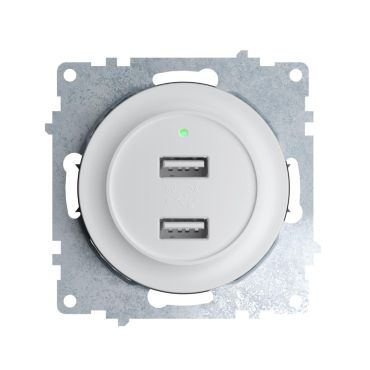 Double USB charger socket, flush mount, with 2 Ports - 5V, 2.1 A, with LED Indicator, without frame, white