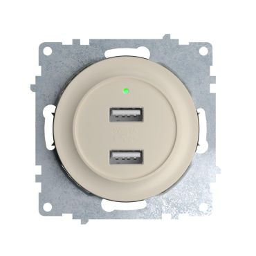 Double USB charger socket, flush mount, with 2 Ports - 5V, 2.1 A, with LED Indicator, without frame, beige