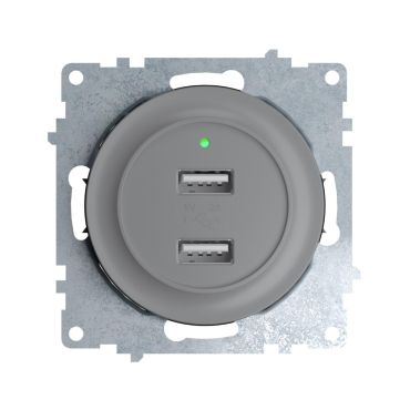 Double USB charger socket, flush mount, with 2 Ports - 5V, 2.1 A, with LED Indicator, without frame, grey