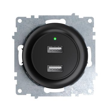 Double USB charger socket, flush mount, with 2 Ports - 5V, 2.1 A, with LED Indicator, without frame, black
