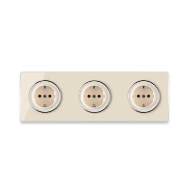 3х Schuko socket with screw terminals and glass cover frame, triple, horizontal - beige