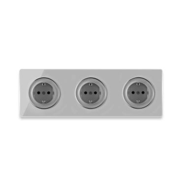 3х Schuko socket with screw terminals and glass cover frame, triple, horizontal - grey