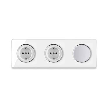 2х Schuko socket + Single light switch + Glass cover frame triple, horizontal - white